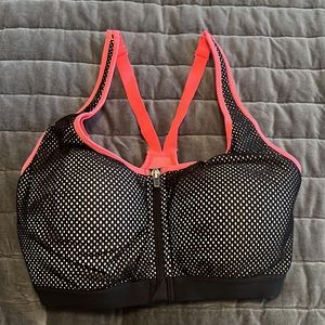 VSX Victoria’s Secret 32DD sports bra Coral Pink Black clasp & zipper closure